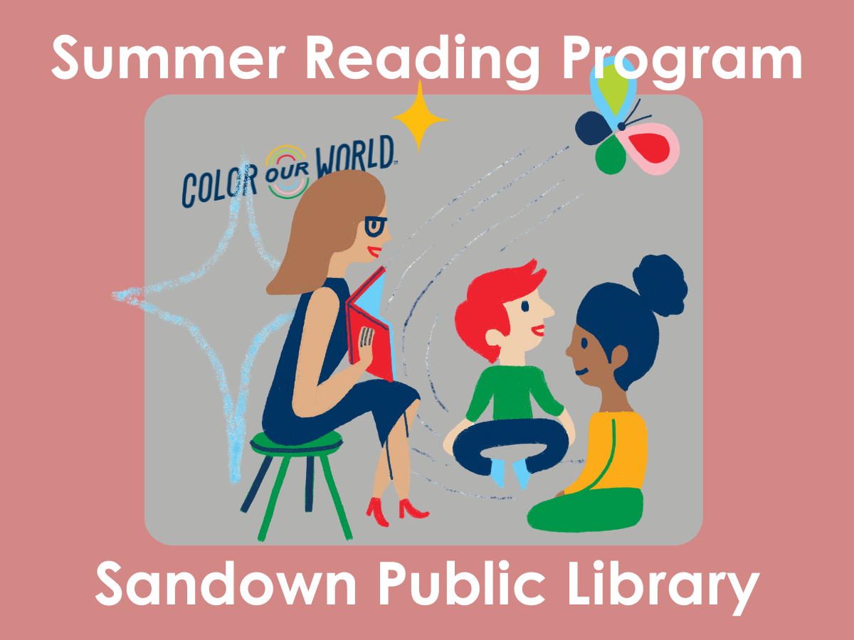 Colorful graphic of two kids listening to a story being read by a grown-up.